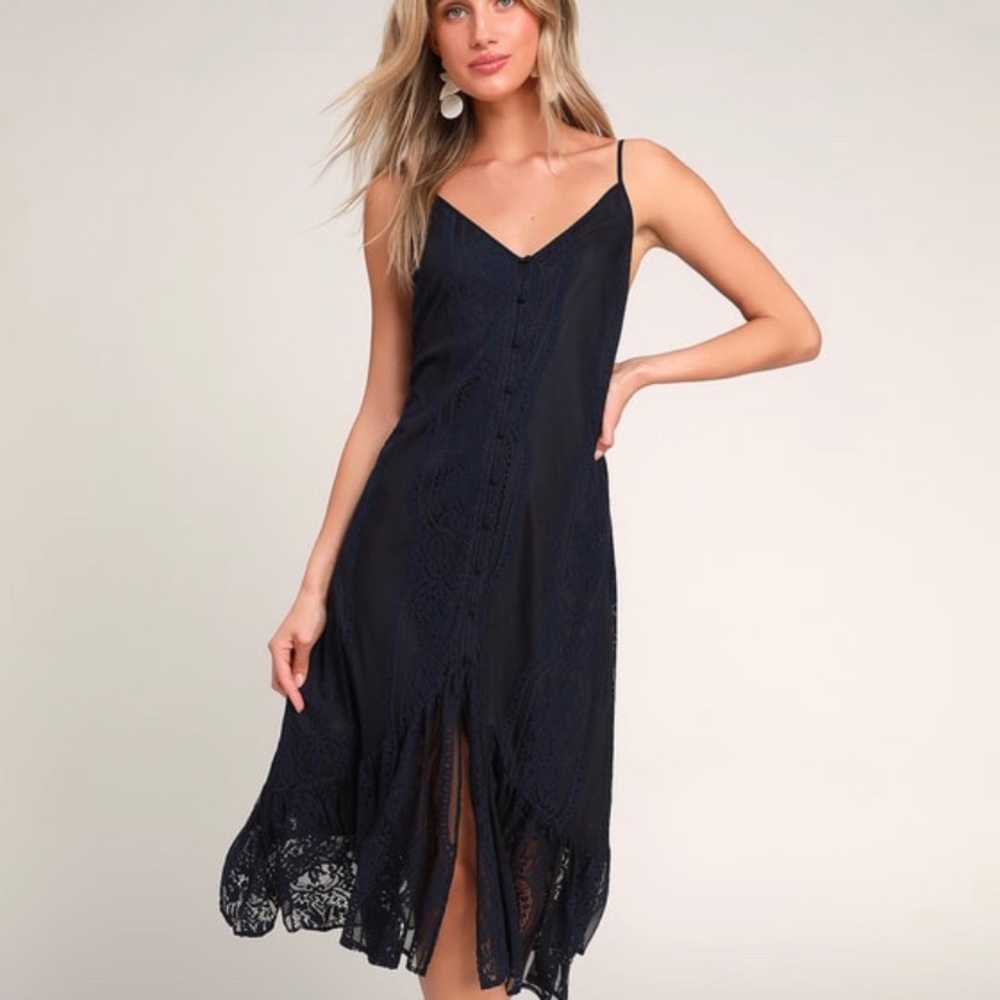 LULUS NAVY BLUE LACE MIDI DRESS